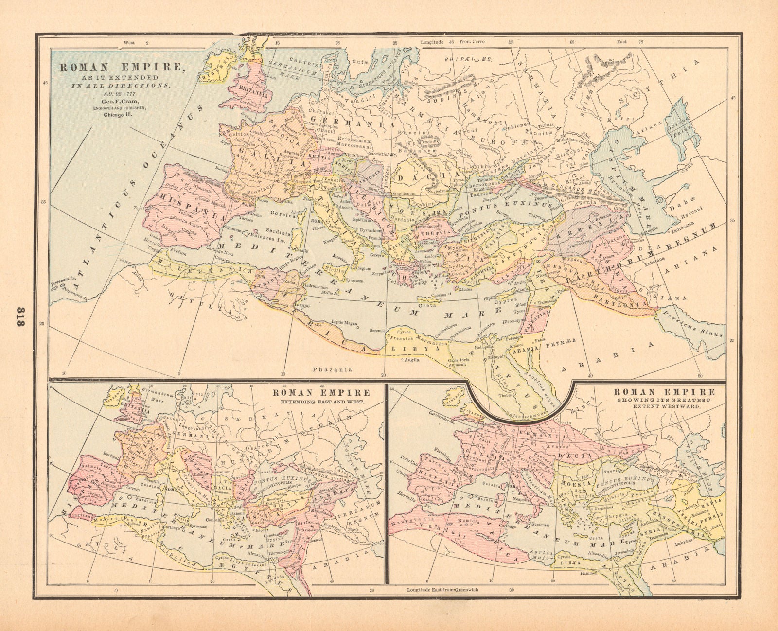 Roman Empire 98-117 AD & showing its greatest extent westward. CRAM 1894 map